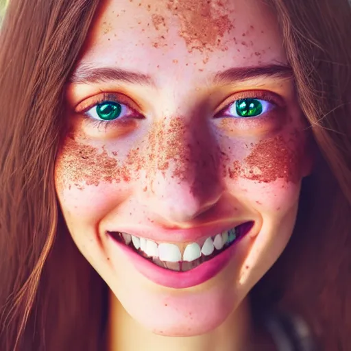 Image similar to beautiful hyperrealism selfie of a cute young woman smiling softly, long light bronze brown hair, cute freckles, flushed face, red blush, small heart - shaped face, soft features, emerald green eyes, golden hour, 8 k, sharp focus, instagram