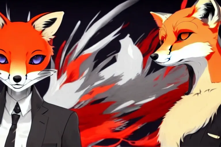 Image similar to a furry tan male fox on a persona 5 : royal ( by atlus ) video game splash screen, a furry male sandcolored tan fox fursona ( has hair ), persona 5 phantom thief style