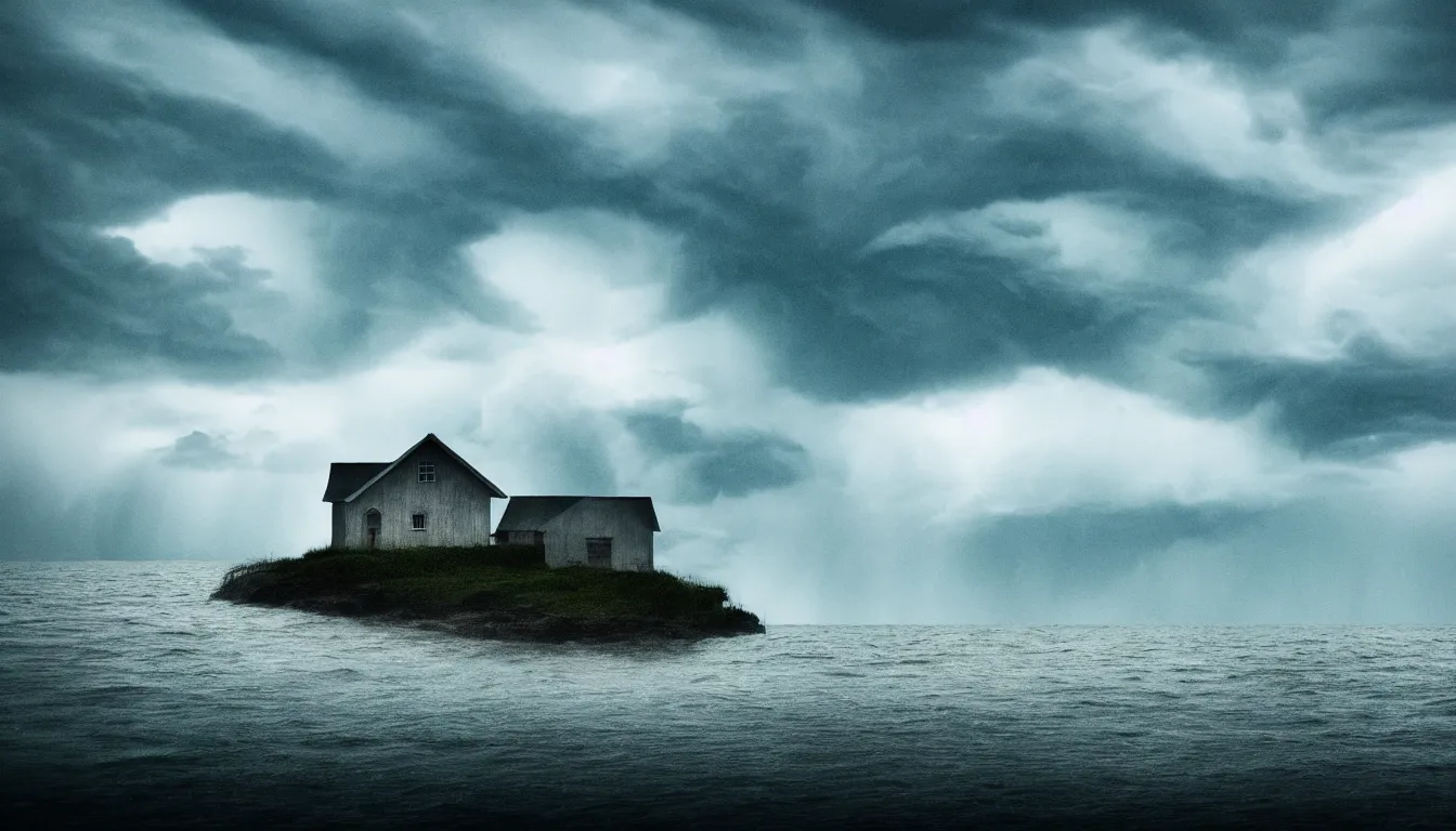 Image similar to lonely house on the island, lake, windy waves, raining, storm, distant thunder, atmospheric, scary, ambient vibe, very detailed, high resolution, 8 k