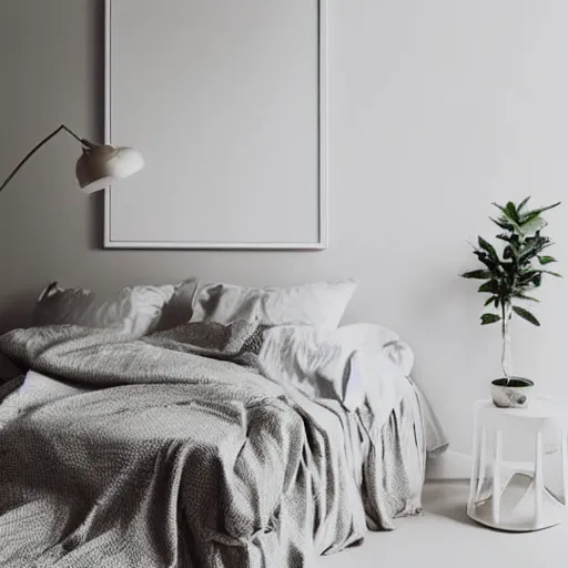 Prompt: a minimalist mockup photo with large blank frame, in a white clean studio, white walls, white furniture, boho style, trending on pinterest