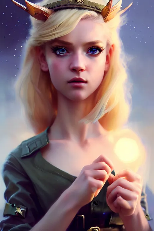 Image similar to cinematic shot of an epic portrait of a cute blonde fairy dressed in military clothes, stylised military clothes, shiny skin, beautiful eyes, beautiful, small details, night setting, realistic poster with volumetric light from craig mallism, artgerm, jeremy lipkin and michael garmash, unreal engine, radiant light, digital art, trends at art station, a masterpiece