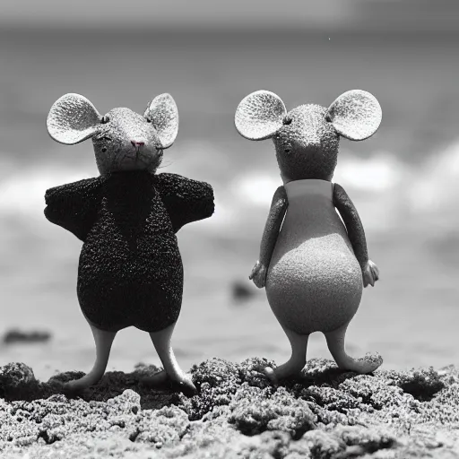 Prompt: a macro 3 5 mm photograph of two mice in hawaii, they're each wearing tiny swimsuits and are carrying tiny surf boards, digital art