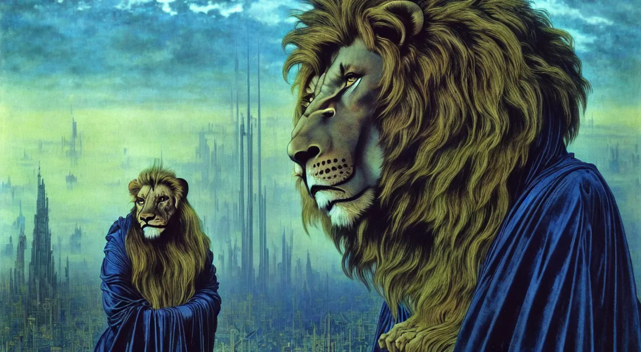 Image similar to realistic detailed portrait movie shot of a lionman wearing dark robes, sci fi city landscape background by denis villeneuve, amano, yves tanguy, alphonse mucha, ernst haeckel, max ernst, roger dean, masterpiece, rich moody colours, blue eyes, occult