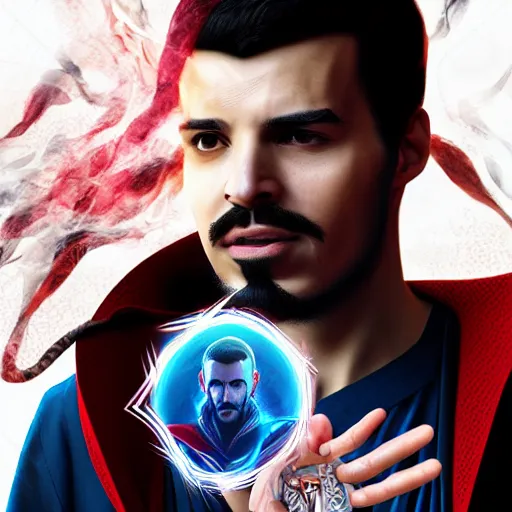 Image similar to a young middle eastern man with a goatie wearing doctor strange custom, movie promotion poster, comic book style, artstation, 4 k