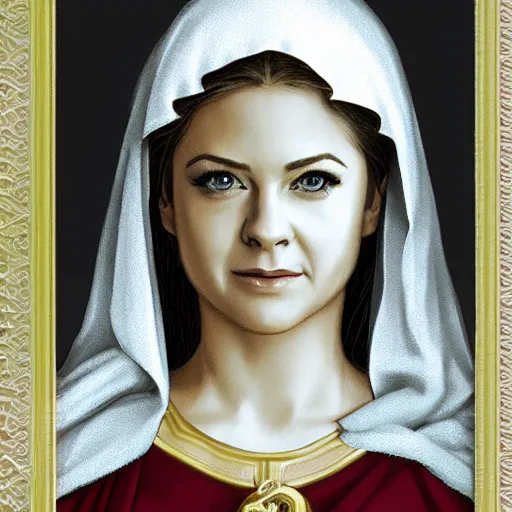 Image similar to melissa joan hart as virgin mary, digital illustration, by artgerm and greg rutkowski,