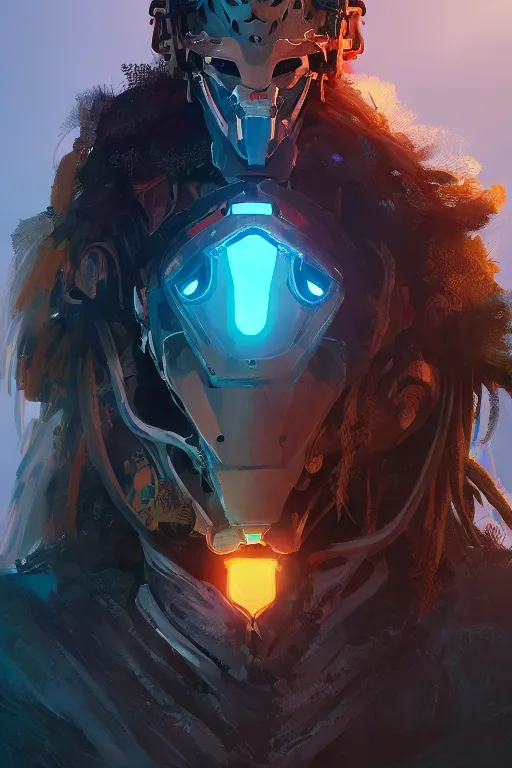 Image similar to combination suit armor aloy horizon forbidden west horizon zero dawn radiating a glowing aura global illumination ray tracing hdr fanart arstation by ian pesty and alena aenami artworks in 4 k tribal robot ninja mask helmet backpack