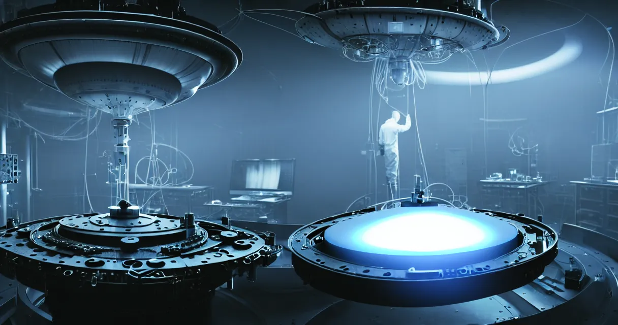 Image similar to engineer carefully repairs top secret flying saucer with ripped reactor, in the hightech laboratory full of different advanced metal equipments like holographic tomograph, quantum sensor resonator, laser atomic microscope, electronic machines and military scientific parts, very high details, volumetric fog, raytracing, back light, raymarching, by ilm, by digital domain, by weta digital