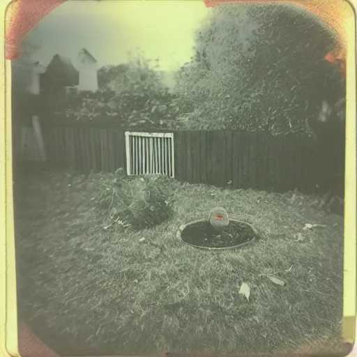 Prompt: polaroid of creepy backyard, floating gardening tools, poltergeist, liminal, hidden ghost.