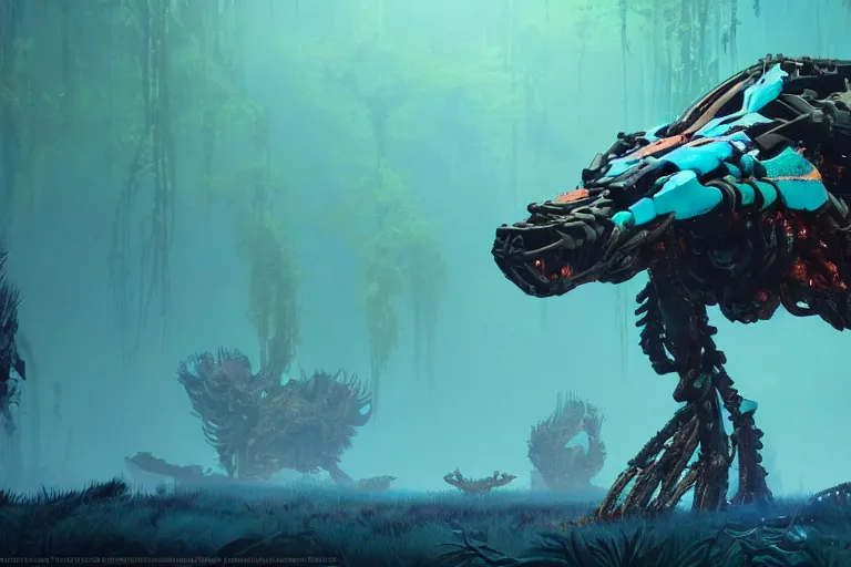 Image similar to a hyper detailed cyan fanghorn evangelion realistic mechanical and organic creature similar look as horizon forbidden west horizon zero dawn, bioluminiscence in a dark deep forest at dawn in spring, with reflection and textures, by kilian eng, substance painter reaslitic mech surface metal painted scratches,
