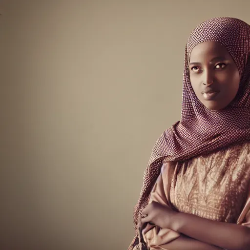 Image similar to studio photography, portrait photo, somalia, vintage, somali woman, beautiful, dreamy, studio ghibli, pastel, highly detailed, happy