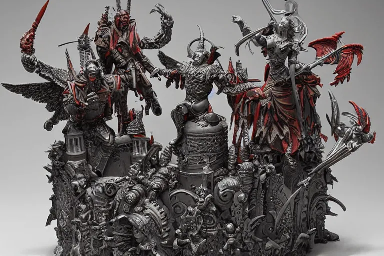 Image similar to an intricate 3d sculpture of the battle for good and evil with angels and demons by kris kuksi