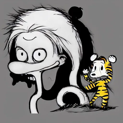 Image similar to calvin and hobbes in the style of stephen gammell