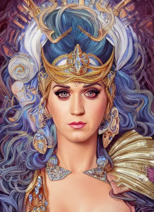 Prompt: Katy Perry as a Greek Goddess, beautiful detailed eyes, cute, fantasy, intricate, elegant, highly detailed, digital painting, 4k, HDR, concept art, detailed jewelry, smooth, sharp focus, illustration, art by Artgerm, H R Giger and Alphonse Mucha