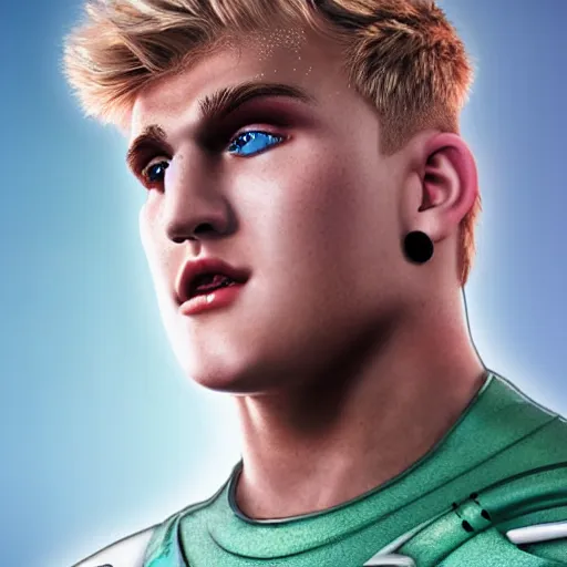 Image similar to a realistic detailed photo of boxer & youtuber jake paul as a humanoid robot, half humanoid, half robot, blank stare, shiny skin