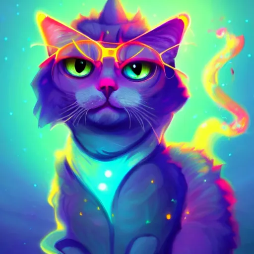 Image similar to Alchemist cat, colorful sparkling chemicals, illustration, trending on artstation, dramatic lighting,