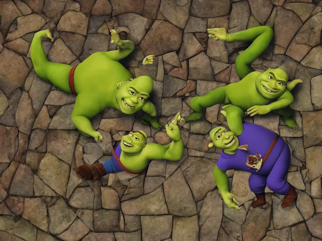 Prompt: shrek breakdancing while lord farquaad is in the back being impressed, High Definition detail, 8K, photography