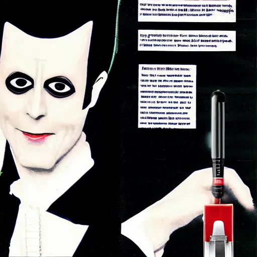 Prompt: a high quality product photo ad of klaus nomi with a technical reed rollerball pen exacto knife by junji ito