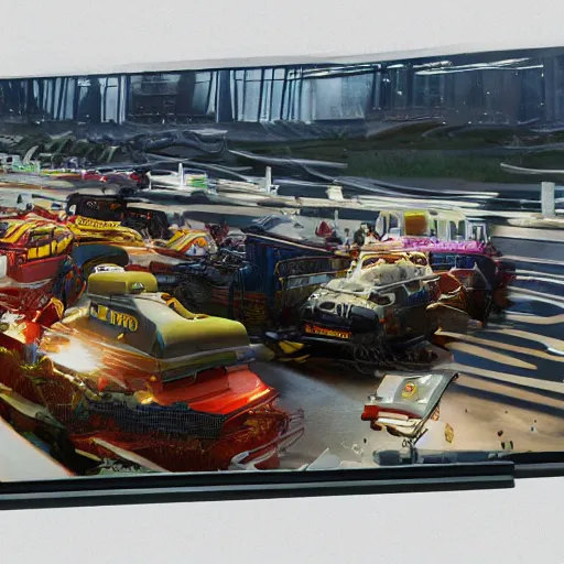 Image similar to car truck race sci-fi wall structure on the coronation of napoleon painting and digital billboard in the middle, unreal engine 5, keyshot, octane, artstation trending, ultra high detail, ultra realistic, cinematic, 8k, 16k, in style of zaha hadid, in plastic, dark, tilt shift,