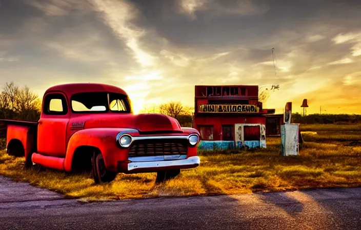 Image similar to A beautiful colorful evening scene of route66 with abandoned gas station and rusty old pickup truck, hyper realistic, blinding backlight evening sun