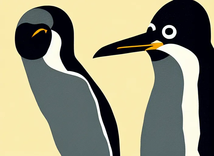 Prompt: portrait of a penguin doing penguin things,Karolis Strautniekas, editorial illustration, detailed, art deco, Mads Berg, matte print