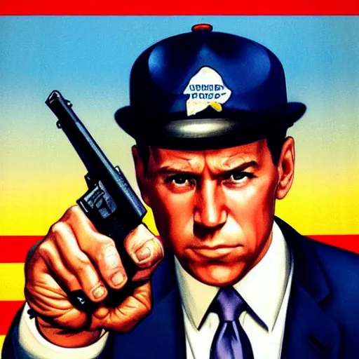 Image similar to propaganda poster of joe biden pointing gun directly at camera in james bond movie, closeup of gun, visible barrel and grip by j. c. leyendecker, bosch, lisa frank, jon mcnaughton, and beksinski