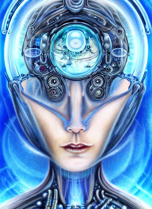 Prompt: biopunk cyborg portrait by julie bell, intricate biopunk patterns, ethereal hair, mesmerizing blue eyes, glass bubble helmet, escaping air bubbles, underwater, detailed!, very sharp!!!