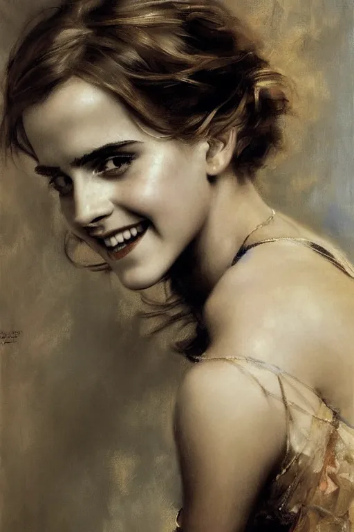 Image similar to emma watson smiling looking away detailed portrait painting by gaston bussiere craig mullins j. c. leyendecker photograph by richard avedon peter lindbergh