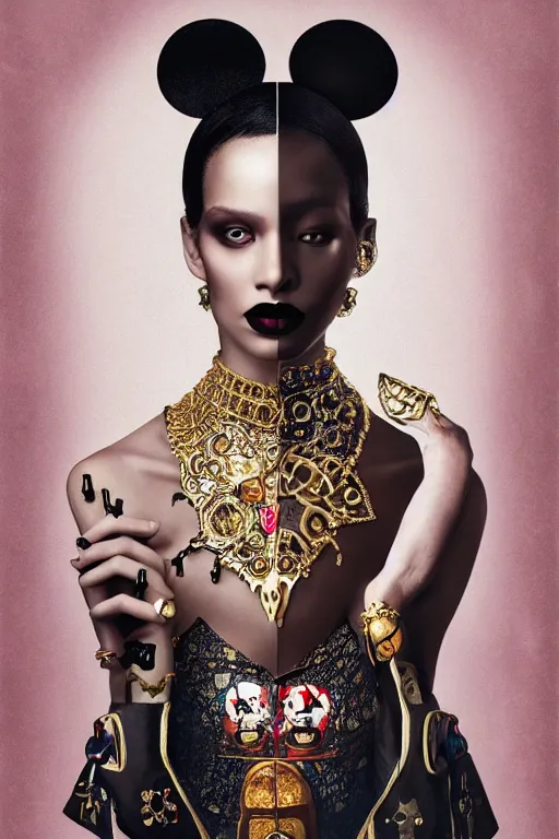 Prompt: black queen in the shape of mickey mouse, face symmetry, gucci photoshoting, symmetry, photo shooting gucci, by tom bagshaw and gucci