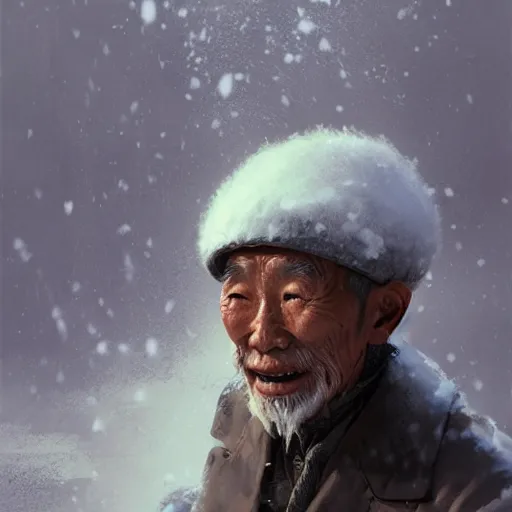 Image similar to Old chinese man in the snow, artwork by Craig Mullins,Movie poster, detailed, trending on artstation