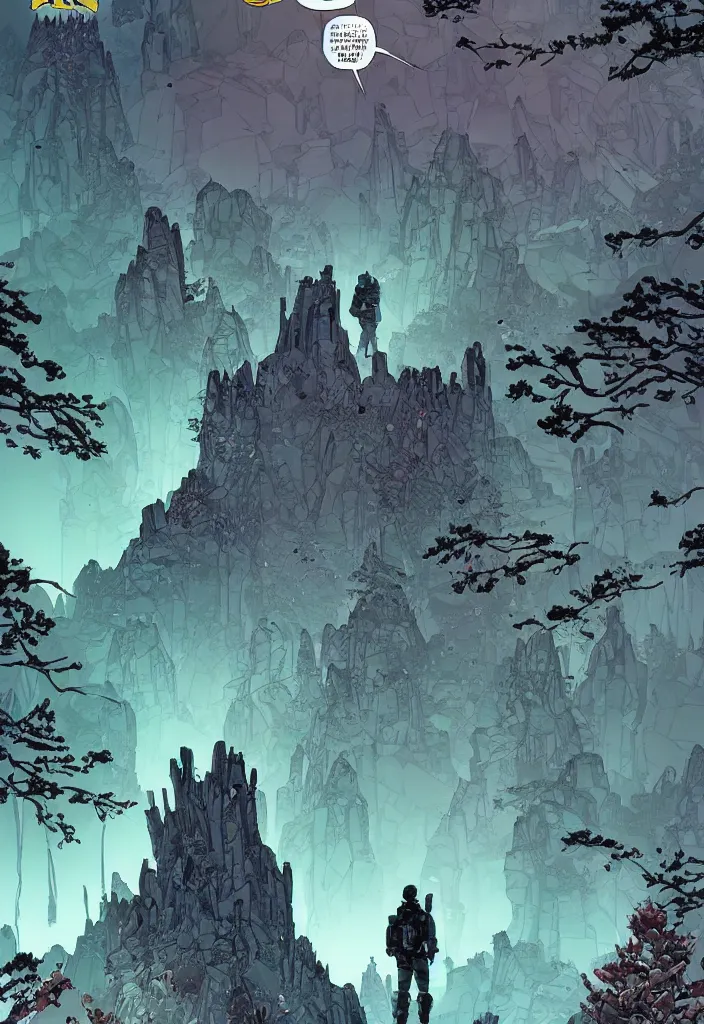 Image similar to a comic book cover of an android soldier with back to the camera, in a forest made of crystal and gemstone, looking across a vast chasm and old rope bridge. on the mountain facing him is a temple made of shards of crystal with a tower glowing in the fog, by francis manapul and by dustin nguyenand