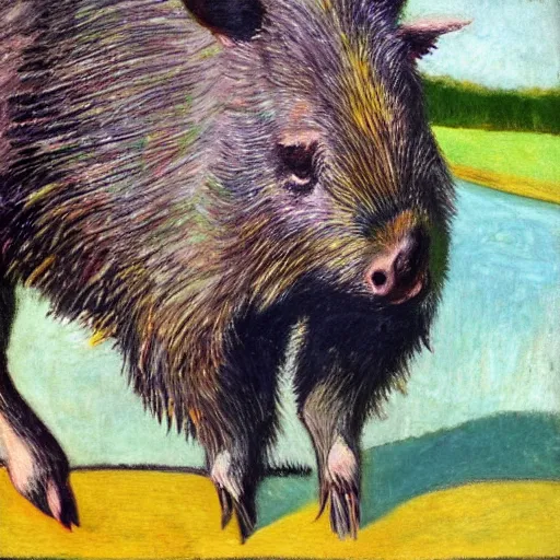 Prompt: a collared peccary protecting a girl's heart floating on a lake, in the style of Matisse