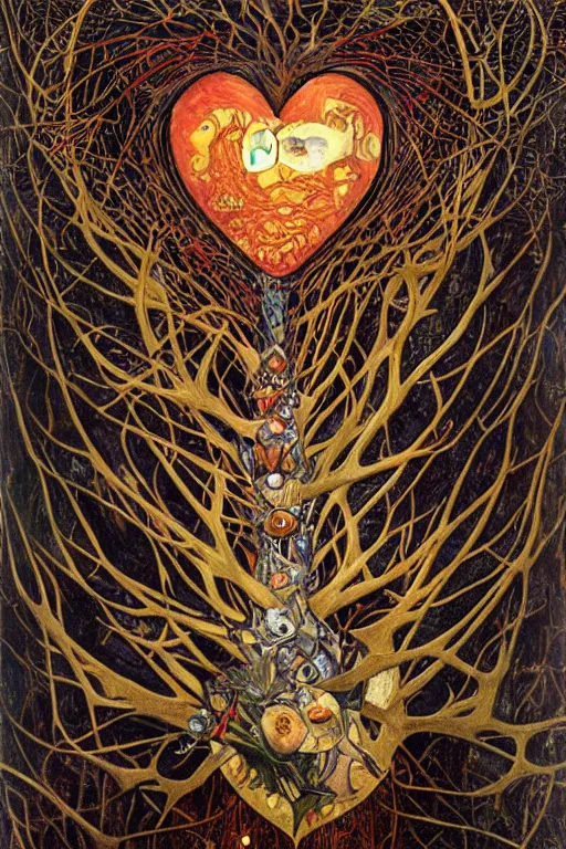 Image similar to Heart of Thorns by Karol Bak, Jean Deville, Gustav Klimt, and Vincent Van Gogh, anatomical heart, anatomically-correct sacred heart, Surreality, otherworldly, infernal enigma, Helliquary, fractal structures, celestial, arcane, ornate gilded medieval icon, third eye, spirals, dramatic sharp thorns, rich deep moody colors