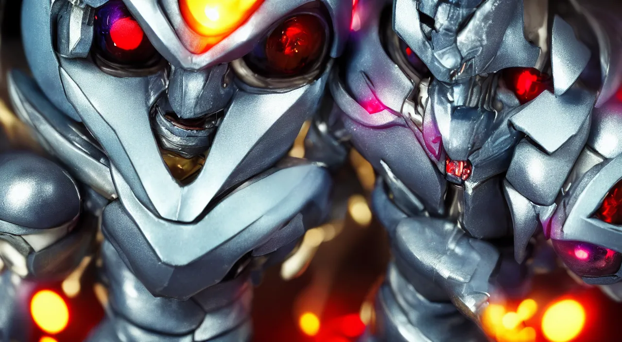 Image similar to medium close up view, Megamen,Guyver,colourful,bokeh,blur,cinematic lighting