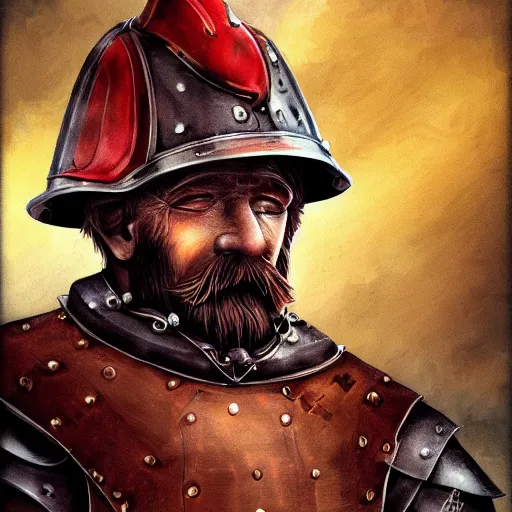 Image similar to An old man with a ginger beard, wearing knights armour and a fire fighters helmet, highly detailed, digital art, sharp focus, trending on art station, anime art style