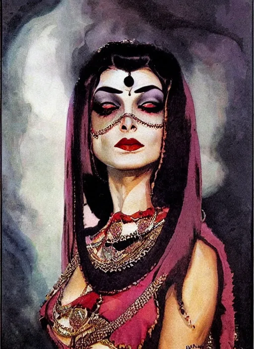 Image similar to female indian vampiress, jeweled veil, heavy mascara, strong line, saturated color, beautiful! coherent! by frank frazetta, high contrast, minimalism