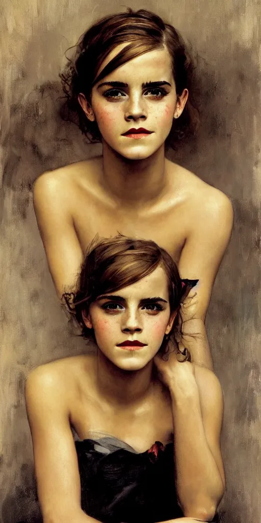 Prompt: emma watson detailed portrait painting by gaston bussiere craig mullins j. c. leyendecker photograph by richard avedon peter lindbergh annie leibovitz