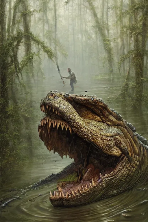 Image similar to a man fighting a giant alligator in a swamp by tomasz alen kopera.