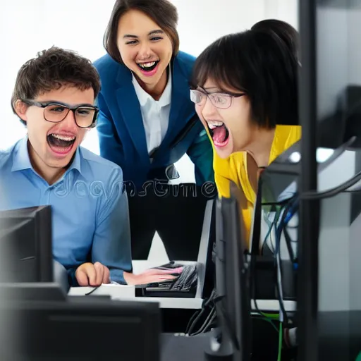 Image similar to young office workers playing around computers and laughing comic