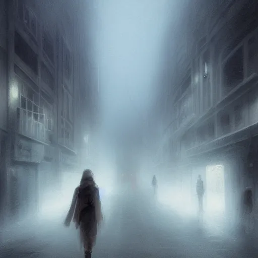 Image similar to a person walking down a street in the fog, concept art by Bastien Lecouffe-Deharme, trending on cgsociety, panfuturism, 2d game art, dystopian art, matte drawing