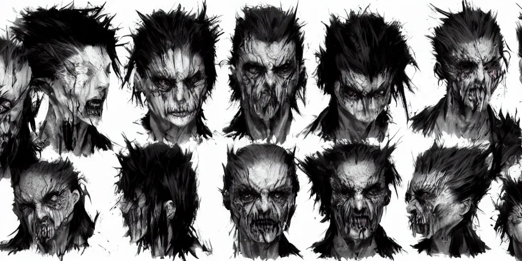 Prompt: gothic creature character face detail designs, Kim Jung Gi, Greg Rutkowski, character sheet, Darek Zabrocki, Karlkka, Jayison Devadas, Phuoc Quan, trending on Artstation, 8K, ultra wide angle, pincushion lens effect