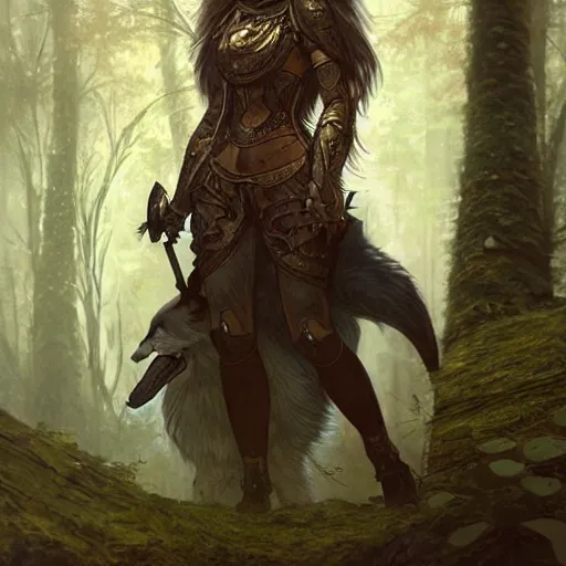 Image similar to long shot photo of a humanoid female she - wolf with wolf head were a heroic dress an armour in the forest, long hair, highly detailed, digital painting, artstation, smooth, sharp focus, illustration, art by artgerm and greg rutkowski and alphonse mucha