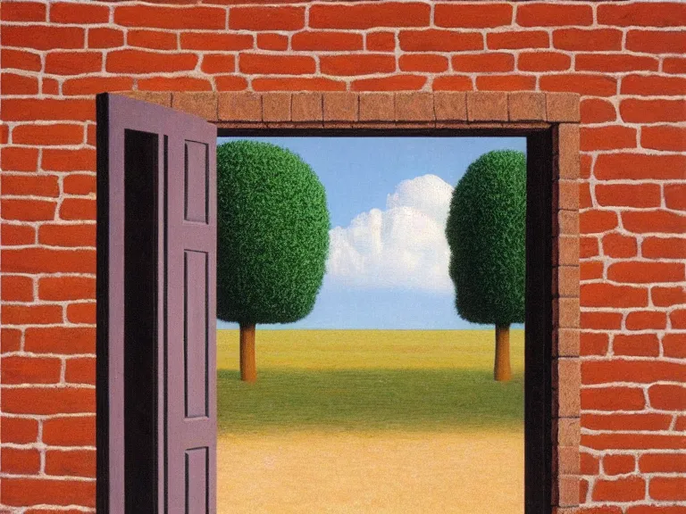 Image similar to an open door to nothingness in brick wall, painting by rene magritte, high detail!!, high resolution!!