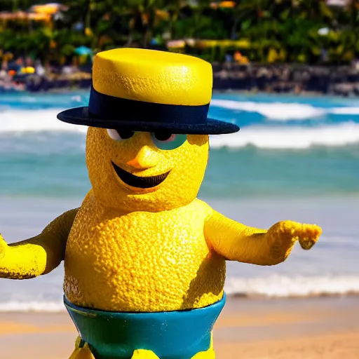 Image similar to 5 0 mm photograph, of a real anthropomorphic lemon character, with lemon skin texture, it is wearing a hat and scuba diving, building a sandcastle on the beach at sunset, beach, huge waves, sun, clouds, tropical trees, rim light, cinematic photography, professional, sand, sandcastle, volumetric lightening