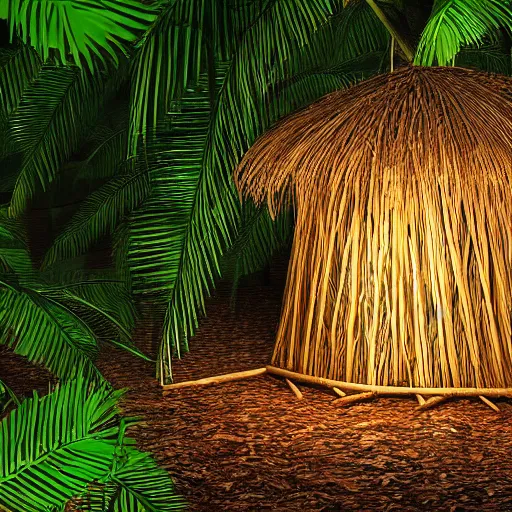 Image similar to sleeping shelter made of palm leaves and sticks in the rainforest, realistic, 8 k, night,