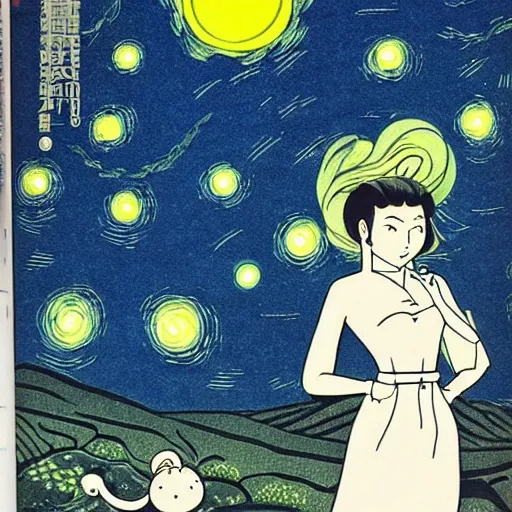 Prompt: ikea manual by osamu tezuka. a beautiful illustration of a woman with long flowing hair, wild animals, & a dark, starry night sky.