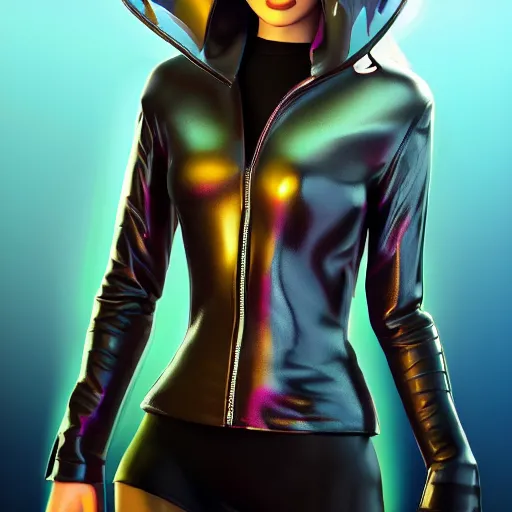 Image similar to painting of high detail girl a wearing skintight leather jacket, cat ears, fantasy art, dynamic lighting, artstation, poster, volumetric lighting, 4 k, award winning