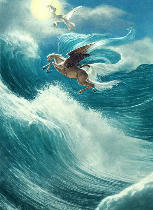 Image similar to pegasus runing through ocean wave, exquisite details, denoised, mid view, byi by alan lee, norman rockwell, makoto shinkai, kim jung giu, poster art, game art