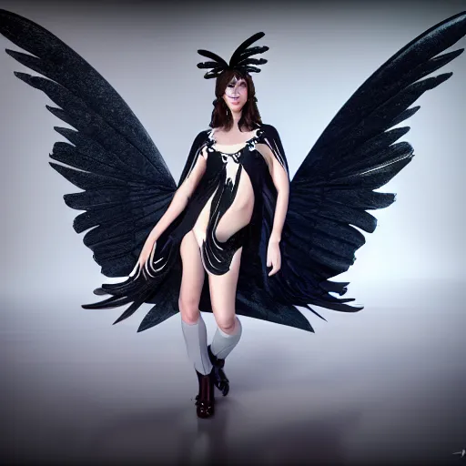 Image similar to fantasy angel with wings inspired avant - garde art, deco fashion, highly detailed, photorealistic portrait, bright studio setting, studio lighting, crisp quality and light reflections, unreal engine 5 quality render