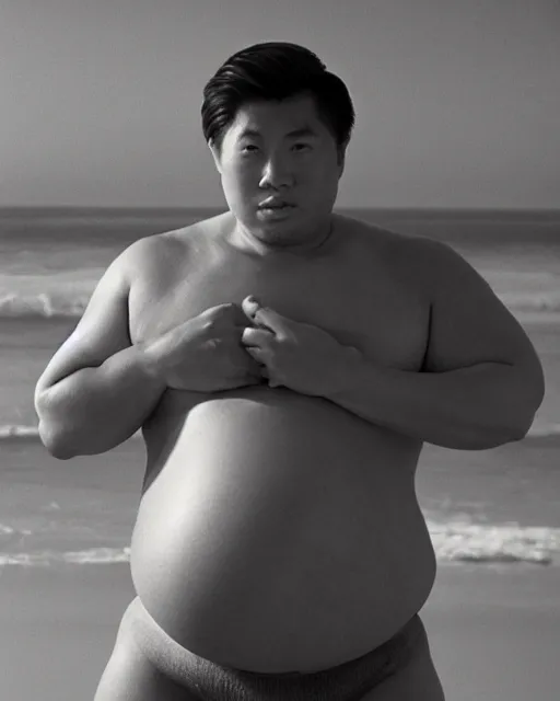 Image similar to photo of a heavily pregnant cute young asian male protagonist, big belly, exposed belly, muscular, on the beach, photo by annie leibovitz