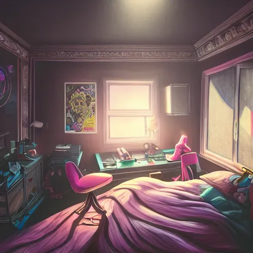 Prompt: prompt : gamer girl, bedroom desk, site - specific art, moody lighting, volumetric light, ray tracing global illumination, insanely detailed and intricate, hypermaximalist, elegant, ornate, hyper realistic, super detailed, artstation, by yaoy kusama